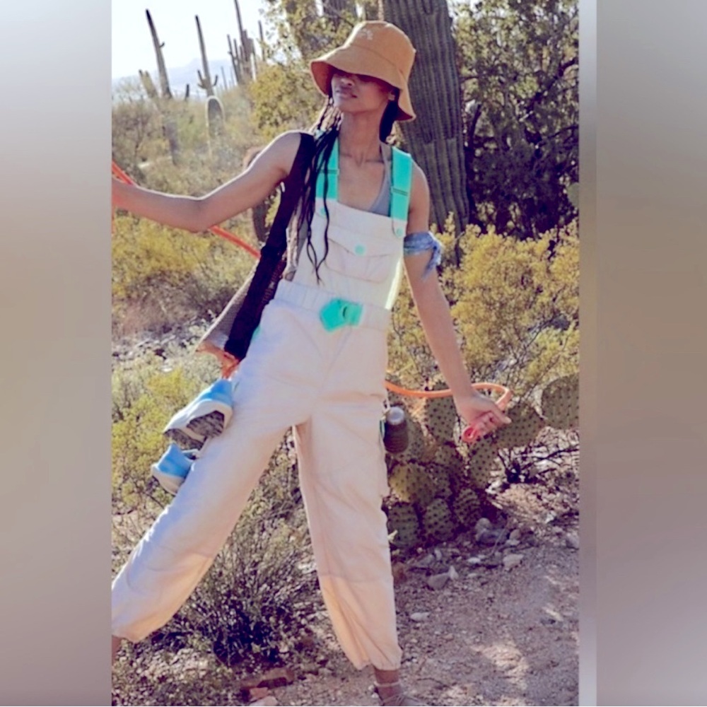 FP Movement by Free People Cream Overalls with Teal Straps and Tan Bucket Hat
